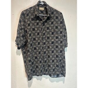 Natural Issue Mens Large Black Olive Geometric Block Print Viscose Rayon Shirt